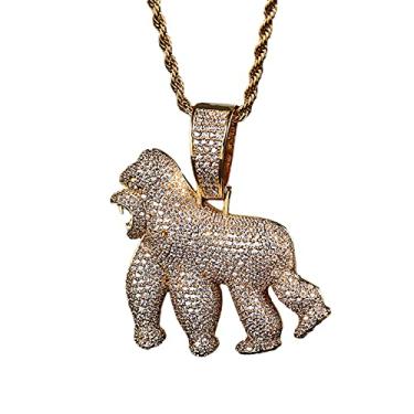 Imagem de Fantex Colar com pingente de gorila rugindo de diamante Full Lab, banhado a ouro 14 K, pingente de Kingkong selvagem com corrente de corda, joia hip hop para homens e mulheres, Latão, Zircônia cúbica