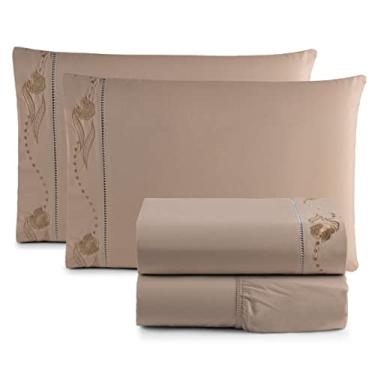 Imagem de Jogo de Cama Lençol Casal Bordado Imperial 4 Peças 200 Fios Percal (CAQUI)