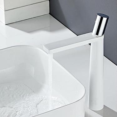 Imagem de Torneira de lavatório Pia de banheiro Manípulo único Água quente fria Guindaste Lavagem torneira misturadora Torneira montada no convés, branca, cromada (alta)