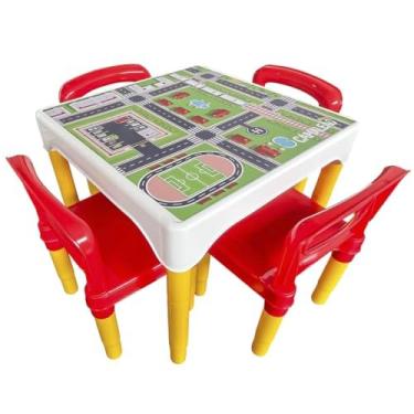 Imagem de Kit Conjunto Mesa Infantil Com 4 Cadeiras Escolar Plástica Camaleão (Cidade)