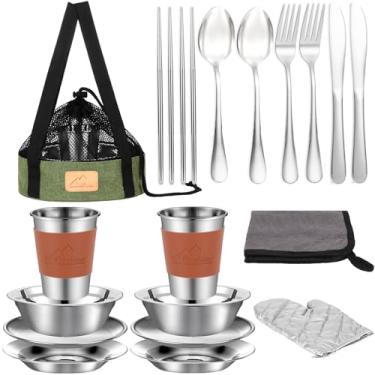 Imagem de Kit de bagunça de acampamento – 23 peças de pratos de acampamento, inclui copos, tigelas, facas, garfos, colheres, conjunto de louça de acampamento, utensílios de cozinha, acessórios de pratos