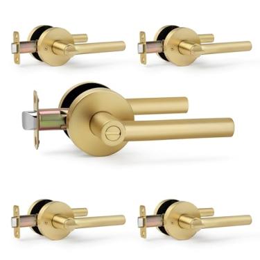 Imagem de LOQRON Maçaneta de porta de privacidade sem chaves em ouro escovado, maçaneta de porta resistente sem chave com acabamento em latão acetinado, pacote com 5 reversíveis para canhoto/direito para porta