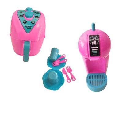 Imagem de Kit Brinquedo Cozinha Infantil Cafeteira Com Capsula Fritadeira Air Fr