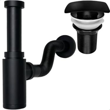 Imagem de Sifão Copo Preto Fosco 1 1/4 Pol Ajustável E Válvula Click 40mm Tampa Quadrada Kit Banheiro Inox Sifao Metal Tubo De Saída Adaptável Ralo Pia Lavatório