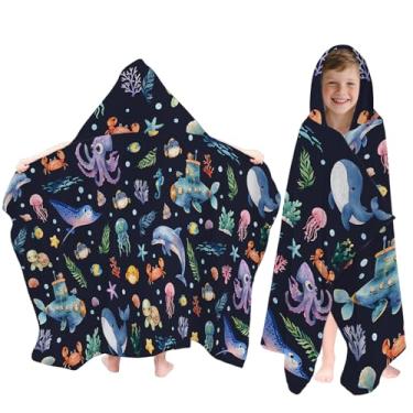 Imagem de Fiwbnasz Toalha de praia com capuz oceano para crianças, toalhas com capuz de desenho animado para crianças 76 x 127 cm, toalhas de praia infantis para piscina, viagens, natação, toalha de banho de