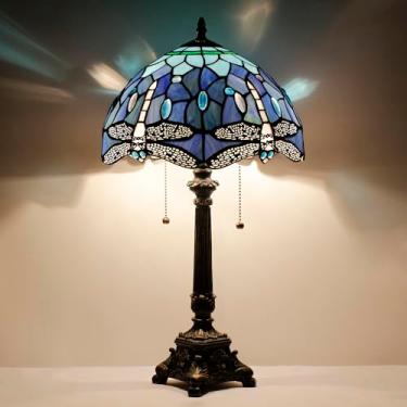 Imagem de AVIVADIRECT Luminária Tiffany Estilo Libélula Azul Vitral Mesa Leitura 12X12X21" Com Base De Resina Decoração Quarto Sala Estar