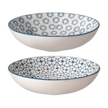 Imagem de Nordring Tigelas de macarrão Kristina, prato de servir azul, diâmetro 19 cm A 5 cm, grés, conjunto de 2 estilos, decoração de carimbo feito à mão