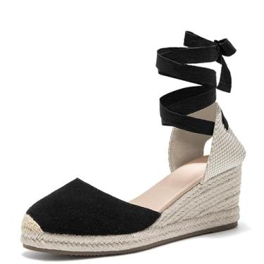 Imagem de U-lite Sandálias femininas tipo espadrille cunha, bico fechado, plataforma com cadarço, tira no tornozelo, slingback para o verão, Camurça preta - 6,3 cm, 38