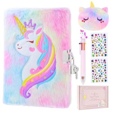 Imagem de PJDRLLC Diário de unicórnio com fechadura, presente para meninas de 10 anos, diário secreto com porta-moedas, caneta multicolorida, adesivos, presente prático para aniversário, Natal