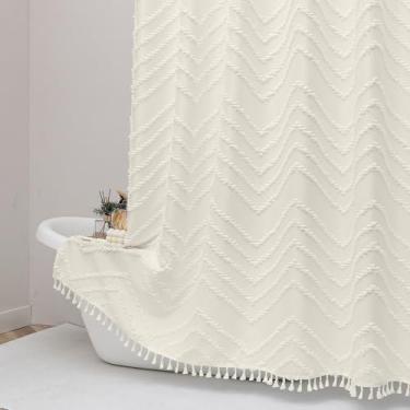 Imagem de OWENIE Cortina de chuveiro extra longa bege boho, chique, tufado, chevron, listrado, texturizado, tecido texturizado, cortinas de chuveiro com borla para banheiro, estilo hotel macio, casa de fazenda