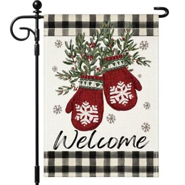 Imagem de OTOSTAR Luvas Holly Welcome bandeira de jardim de inverno 30,5 x 45,7 cm dupla face xadrez búfalo bandeira de natal fazenda quintal exterior decorativo