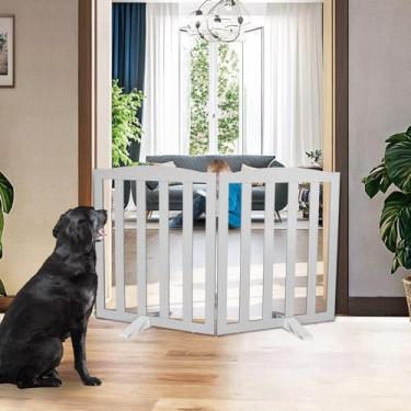 Imagem de SFJC Portão interno independente para cães, portões dobráveis para cães, escadas ou corredores, portão de madeira cinza para animais de estimação para casa, cerca para animais de estimação com pés de