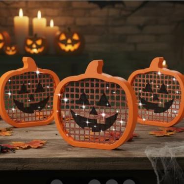 Imagem de Geelin 3 peças decoração de discoteca de abóbora de Halloween espelho de madeira com glitter mesa de abóbora centro de mesa interior glitter placa mosaico terror para o dia de Ação de Graças cozinha