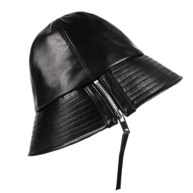 Imagem de Chapéus femininos de couro genuíno com zíper cor doce para bacia chapéus de pesca com tiras, Preto, 54-55CM
