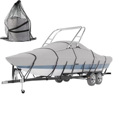 Imagem de Tuszom Capa 900D 100% à prova d'água para barco de torre de esqui e wakeboard capa de barco à prova de rasgos de tamanho completo com torres de esqui ou wakeboard e capa de motor (cinza, 20'-22'L,