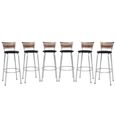 Imagem de Banqueta Altas Junco Cappuccino Estrutura Prata 70cm Para Balcão Cozinha, Bar, Bistrô, Americano Kit 06 Unidades - Itagold (Preto)