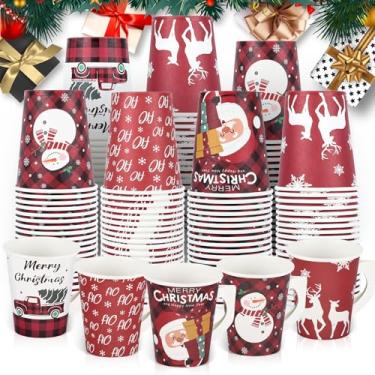 Imagem de 100 peças de copos de café descartáveis de Natal de 255 g com alças boneco de neve alce copos de papel fofos de Natal para bebidas quentes e frias, chá, bebidas, café expresso, chocolate, cacau, festa