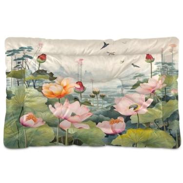 Imagem de Wassud Cama de cachorro com pintura de flores de lótus, cama para cães pequenos, tapete lavável para animais de estimação, cama de gato para dormir, viagens, 45 x 61 cm