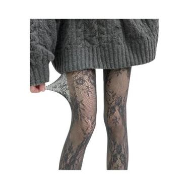 Imagem de Meia-calça de malha de renda vazada branca e preta com fundo de vime f