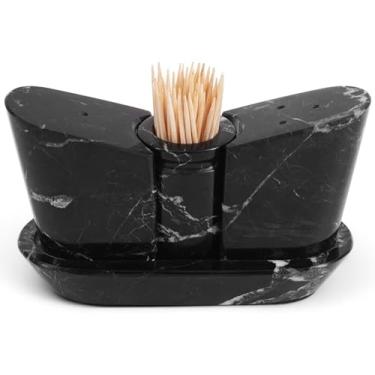 Imagem de SPESHSTONES Saleiro de mármore e pimenteiro, conjunto de 2 saleiros pretos de 6 cm para cozinha – recipientes de tempero para bancada, potes de especiarias com bandeja e açucareiro para decoração de