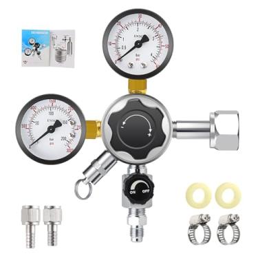 Imagem de MRbrew Regulador de barril CGA-320, regulador Kegerator de CO2 de desconexão rápida com botão de ajuste de pressão, regulador de cerveja com válvula de alívio de pressão manual de segurança, com 2 porcas giratórias e farpa de 1/4" e 5/16"