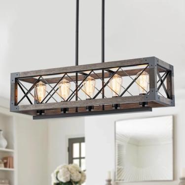 Imagem de Lingkai Iluminação de ilha de cozinha, lustre linear de casa de fazenda de 81 cm e 5 luzes para sala de jantar, luminárias pendentes de mesa de sinuca, acabamento de grão de madeira rústica