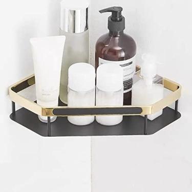 Imagem de Prateleiras de chuveiro Prateleira de banheiro de luxo, prateleira de chuveiro de banho, prateleira de canto de banheiro totalmente latão dourado e preto, suporte de armazenamento de cozinha montado