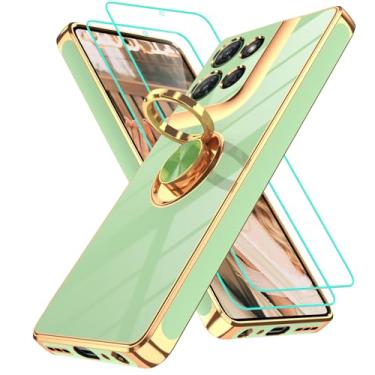 Imagem de Capa para Motorola Moto G Power 5G 2025: 2 peças protetoras de tela, suporte magnético de rotação de 360°, suporte magnético com borda dourada, verde ervilha