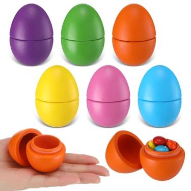 Imagem de Leinuosen Conjunto de 6 ovos de Páscoa de madeira vazados multicoloridos, ovos de madeira preenchíveis em pastel, para artesanato, pintura de ovos falsos faça-você-mesmo para decorações de primavera e