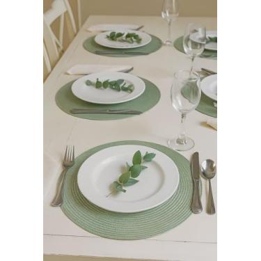Imagem de Jogo Americano Sousplat 30cm com Porta Copos 10cm, Fibra Sintética Trançada, Kit 4 Peças para Mesa Posta - MELLUZ (4, Verde Claro)