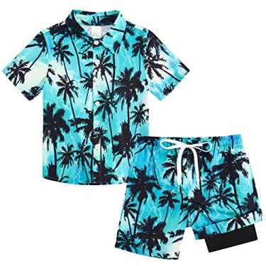 Imagem de Roupas para meninos pequenos e grandes, camisas havaianas com botões e conjuntos curtos havaianos estampados no verão com forro de compressão, conjunto de cabana infantil 2 peças, tamanho 9 10