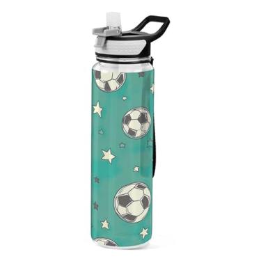 Imagem de xigua Garrafa de água de bola de futebol e estrelas com tampa de canudo transparente à prova de vazamento para esportes ao ar livre, bebida, fitness, treino, viagem, 940 ml