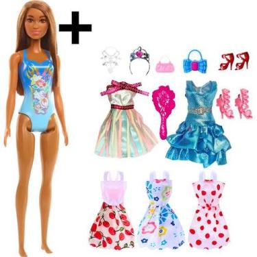 Imagem de Kit Boneca Barbie Moda Praia + 5 Roupas E Acessórios Mattel