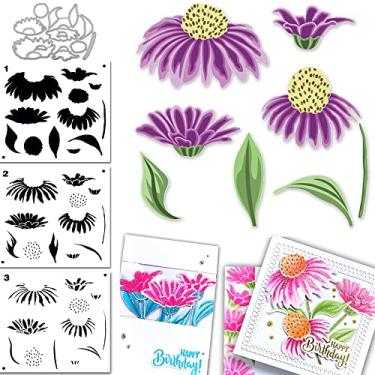Imagem de Alinacutle Coneflower Margaridas com 3 peças de estêncil em camadas e 1 conjunto de moldes de corte de metal cortados para fazer cartões artesanais, pintura faça você mesmo, moldura de madeira,