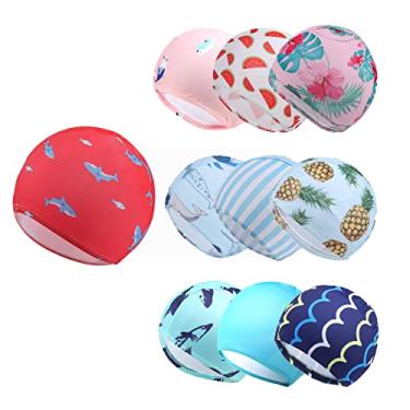 Imagem de Snadulor Touca de natação infantil - 10 peças divertidas para meninas e meninos, chapéus de natação infantis com design de desenho animado, cor aleatória.