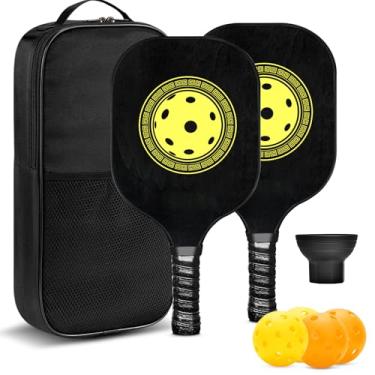 Imagem de Conjunto de 2 pás de pickleball de fibra de carbono inclui 4 bolas, 2 apanhadores de bolas, 1 bolsa de bola, melhores presentes para equipamentos de pickleball júnior e profissional (preto)