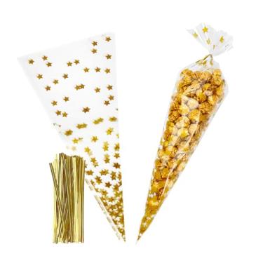 Imagem de EKAPACKAGING 50 peças com estampa de estrelas, 17 x 38 cm, sacos de celofane em forma de cone, laço torcido, triângulo, lembrancinha de festa de Natal, sacos de algodão doce com laços para pipoca,