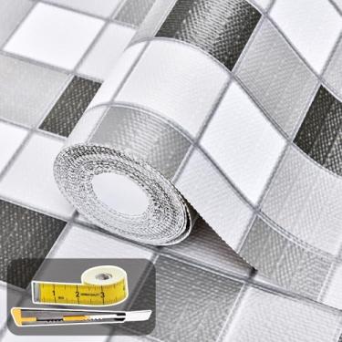 Imagem de Forro de gaveta e prateleira para armário de cozinha: 59,9 cm x 20 pés antiderrapante impermeável papel de prateleira não adesivo forros de geladeira mosaico cinza forros fáceis para banheiro