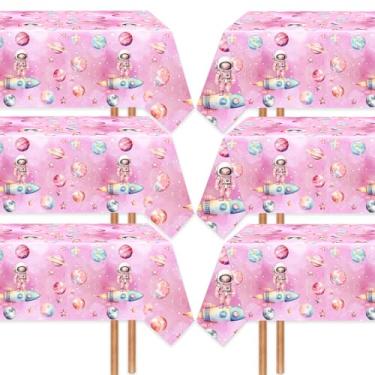 Imagem de Pacote com 6 toalhas de mesa espaciais, toalha de mesa de galáxia de plástico, capas de mesa rosa para astronautas temáticas para chá de bebê, 1º 2º 3º 4º 5º aniversário, lembrancinhas, 137 x 272 cm