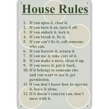 Imagem de WEIMEILD Arte de parede de metal House Rules, placa rústica para decoração de casa, arte de parede de regras de família, presente para proprietários de casas ou famílias 20 x 30 cm (Y40)