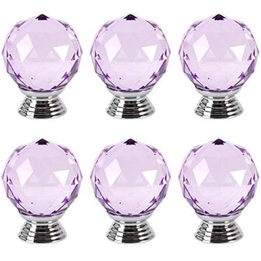 Imagem de Puxador de gaveta de vidro de cristal, 6 peças, puxador de armário de orifício único, puxador de armário, puxadores de móveis (forma de bola roxa)