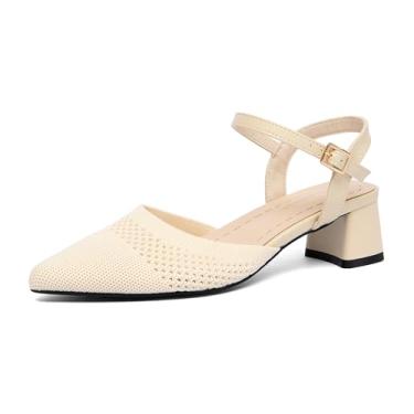 Imagem de NEWBELLA Sandálias femininas de salto grosso, bico fino, salto grosso, sapatos de verão, sandálias respiráveis para negócios e uso diário, Creme, 36