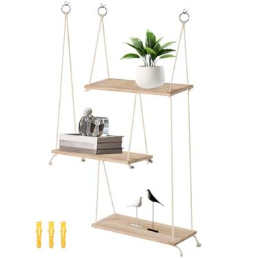 Imagem de Prateleiras suspensas de parede de macramê, prateleiras flutuantes suspensas de 3 camadas para parede, prateleiras de parede boho, prateleiras para pendurar em madeira, borla para pendurar na parede