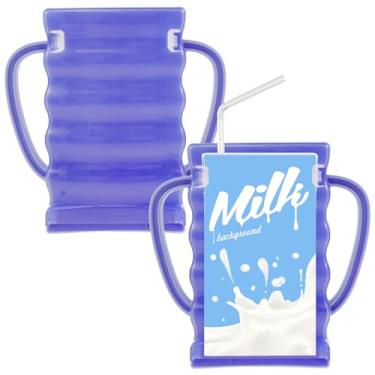 Imagem de DJAPWPX - 2 peças de suporte de caixa de suco reutilizável de plástico sem apertar, suporte portátil à prova de aperto, suporte multifuncional para caixa de leite para crianças, meninos, meninas (roxo