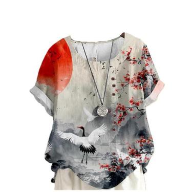 Imagem de Blusa domirica feminina de linho com estampa de guindaste japonês 4GG 