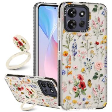 Imagem de Boaretiu Capa para Motorola Moto G Power/Play 2025 - com suporte fofo Kawaii Fashion 360° giratório suporte de anel com suporte de flor roxa para mulheres meninas meninos adolescentes feminino capa