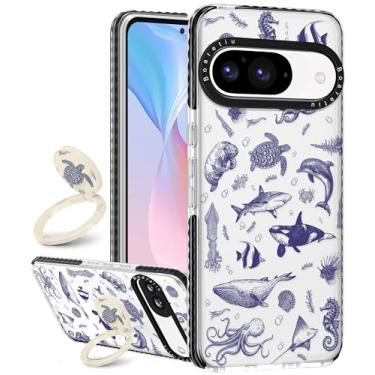 Imagem de Boaretiu Capa fofa Kawaii para Google Pixel 9/9Pro com suporte - Design de suporte de anel giratório adesivo de 360° moderno para mulheres meninas femininas para Google Pixel 9/9Pro, peixes marinhos