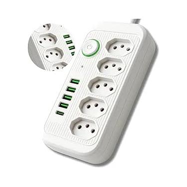Imagem de Filtro de Linha Multifuncional com 5 Tomadas, 4 Portas USB, 1 Tipo-C, Material Retardador de Chama, Interruptor Geral, Branco, Proteção Contra Sobrecarga