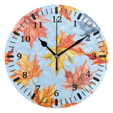 Imagem de CEBUGI 1 relógio de parede de folha de bordo de outono, 1 relógio redondo operado por bateria, relógios de parede silenciosos sem tique-taque para cozinha, banheiro, quarto, escritório, decoração 25,4