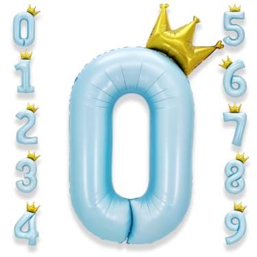 Imagem de AULE 101 cm grande azul claro 0 balão número com coroa grande número de hélio balões 0-9 jumbo gigante feliz aniversário decorações de festa enorme Mylar artigos de festa de aniversário